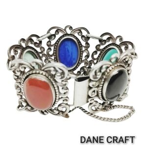 DANE CRAFT Sterling Silver Multi-Stone Link Bracelet Chalcedony Carnelian Lapis